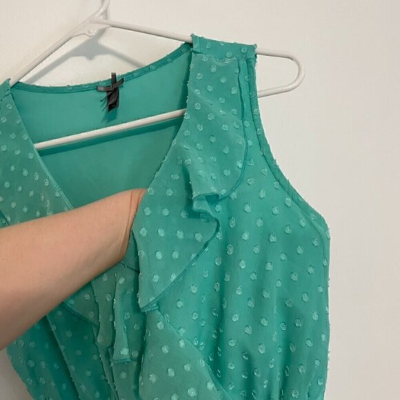 VANITY Aqua Seafoam Green Blue Swiss Dot Textured Mini Surplice Faux Wrap Dress - Picture 6 of 16